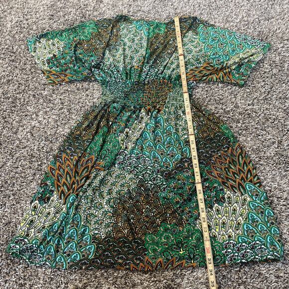 Y2K Mini Dress Green Geometric Print Babydoll Fairy Grunge Stretch Casual Boho - Picture 12 of 14